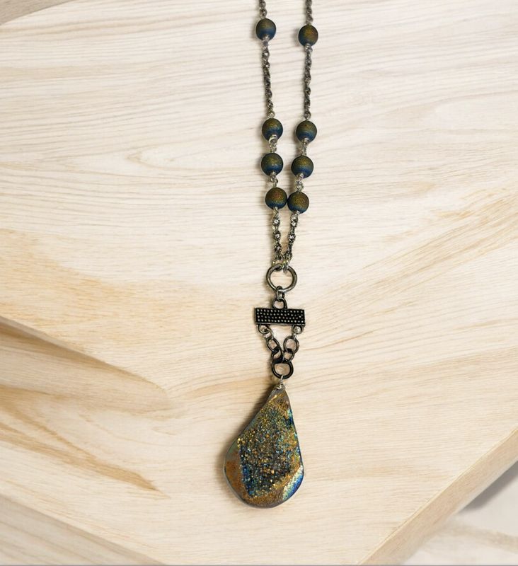 Robb Necklace Titanium Beads with Druzy Drop On Sterling Chain