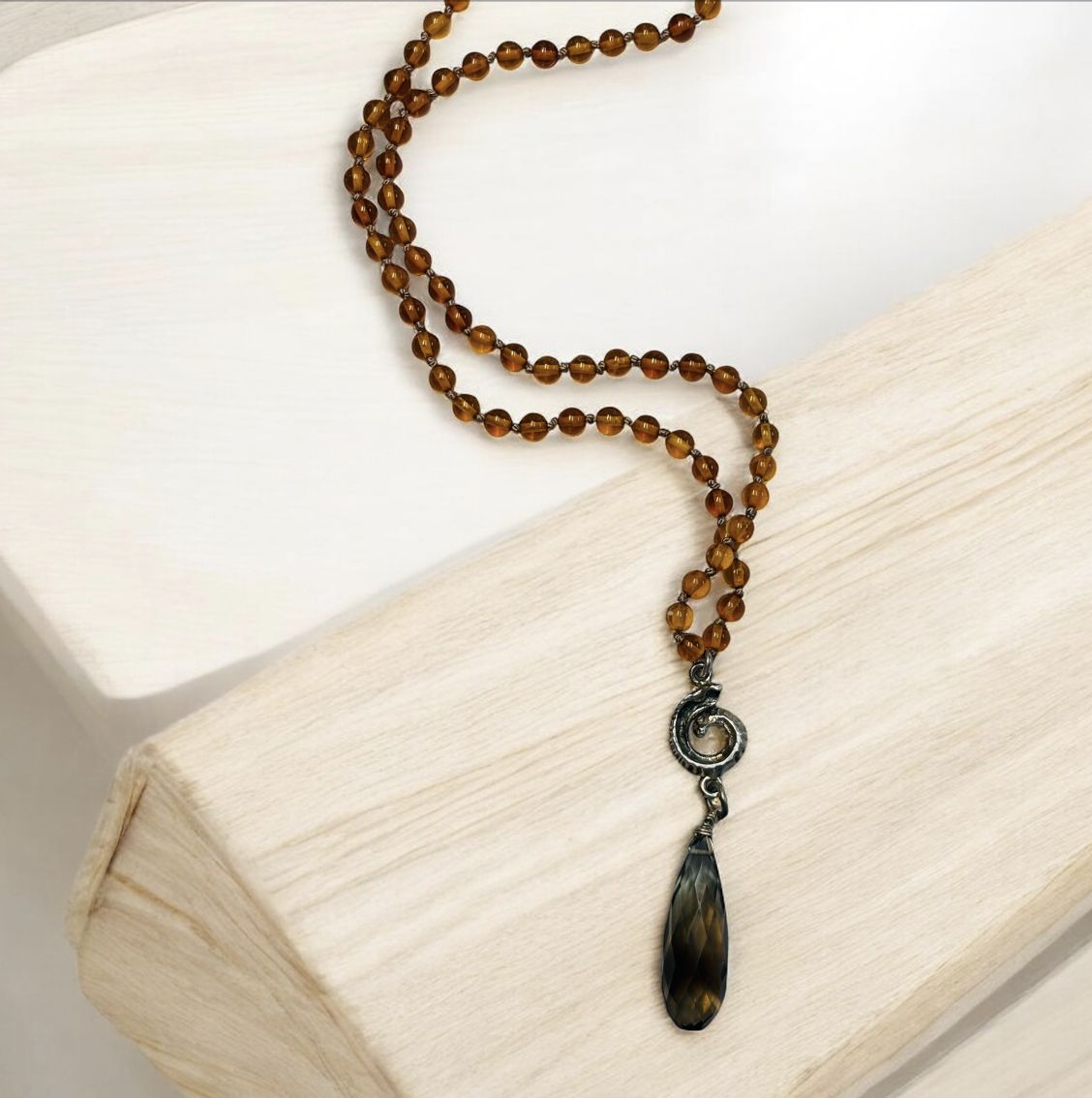 Robb Necklace Knotted Citrine with Phantom Quartz Drop