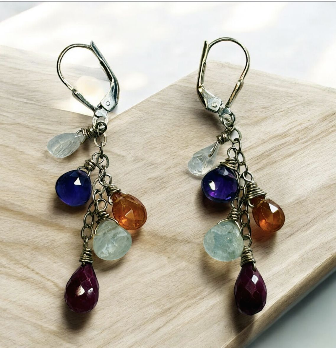 Robb Earrings Moonstone, Aquamarnie, Mandarin Garnet, and Ruby Dangles