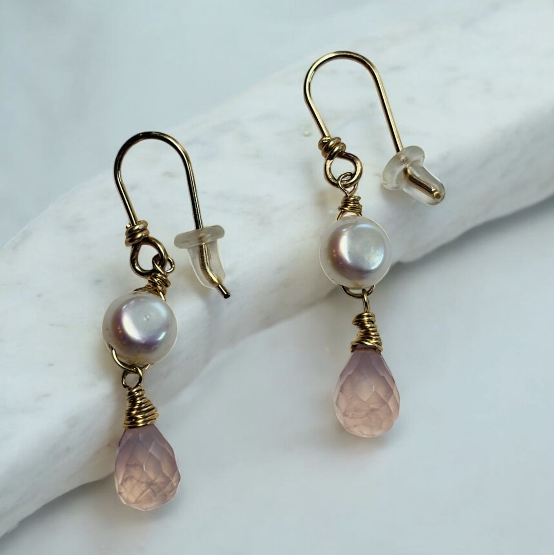 Robb Earrings Pearl and Rose Quartz Drop