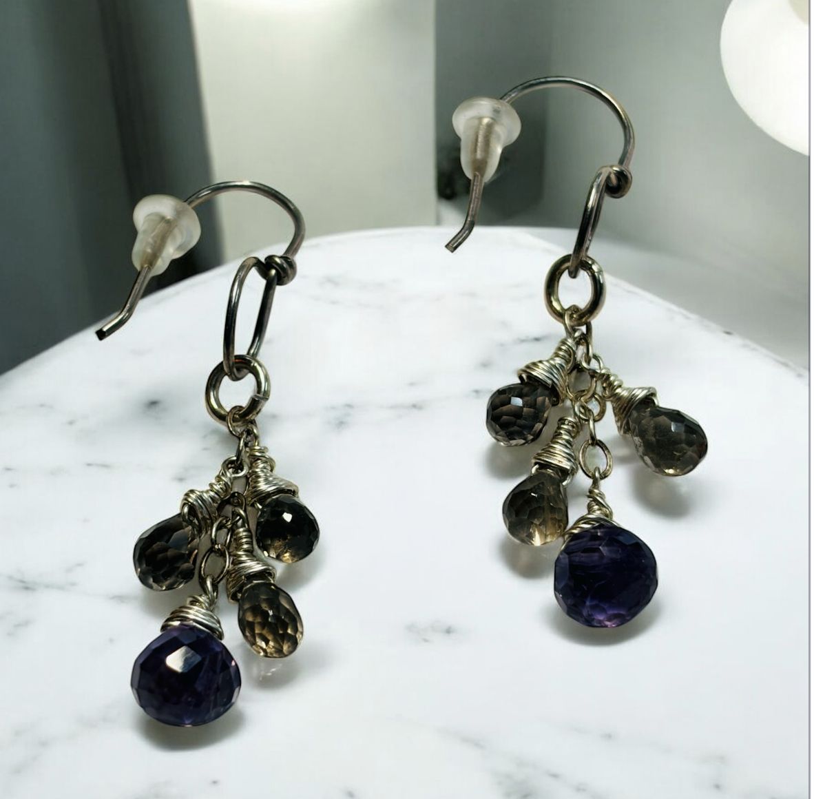 Robb Earrings Amethyst and Smoky Quartz Cluster