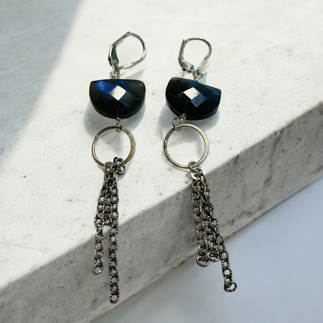 Robb Earring Large Labradorite with Silver Chains Dangle