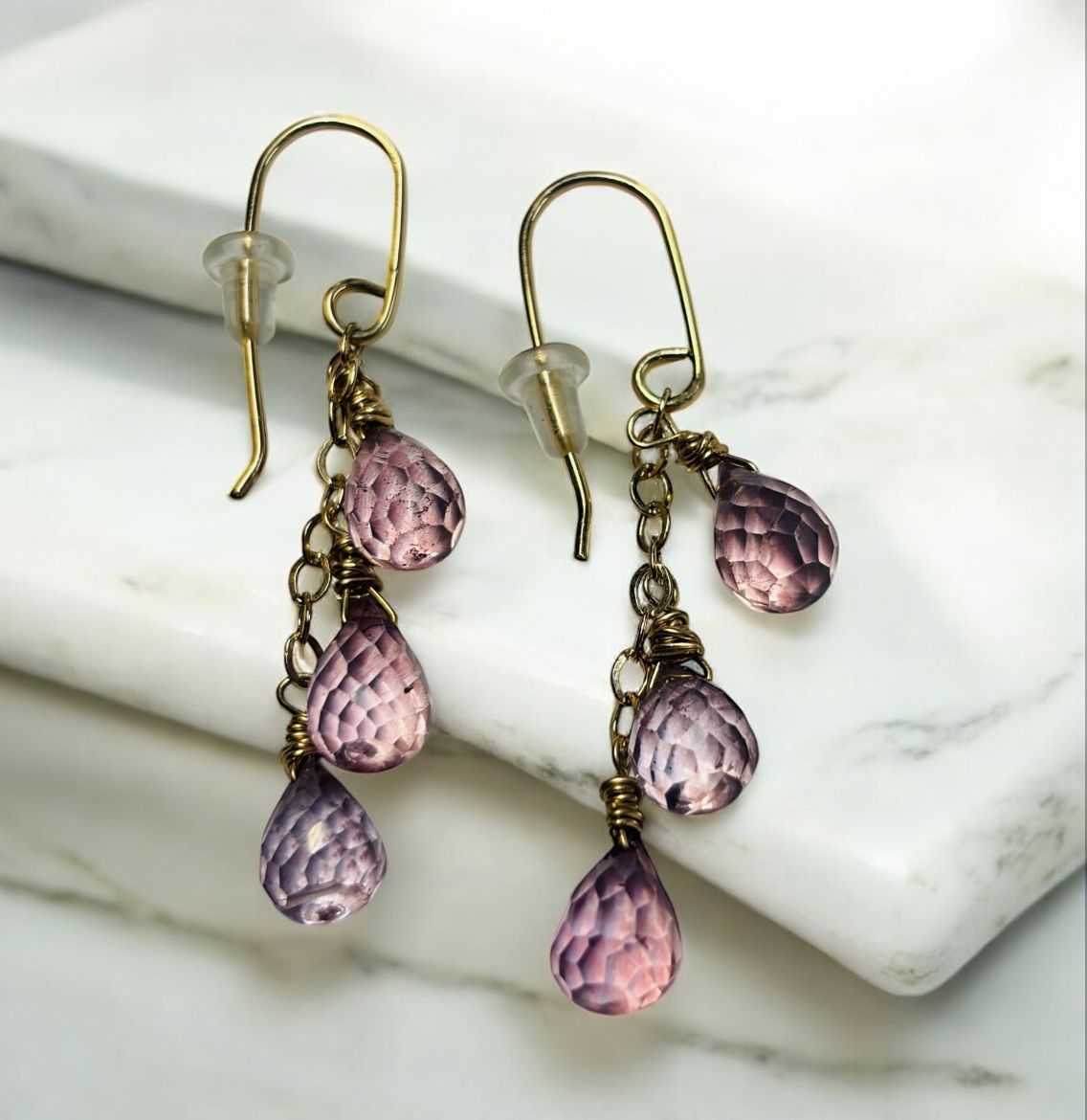 Robb Earrings Triple Faceted Pink Quartz Drops