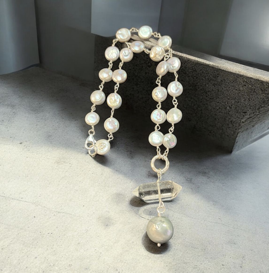 Robb Necklace White Coin Pearl Rosary Style with Herkimer Diamond and Pearl Drop