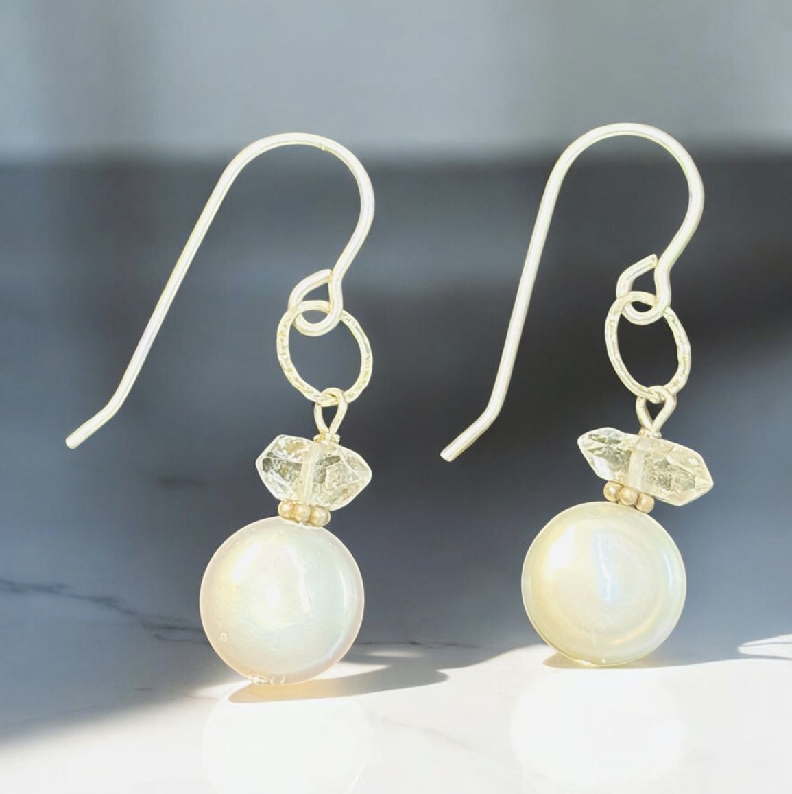 Robb Earrings Coin Pearl and Herkimer Diamond