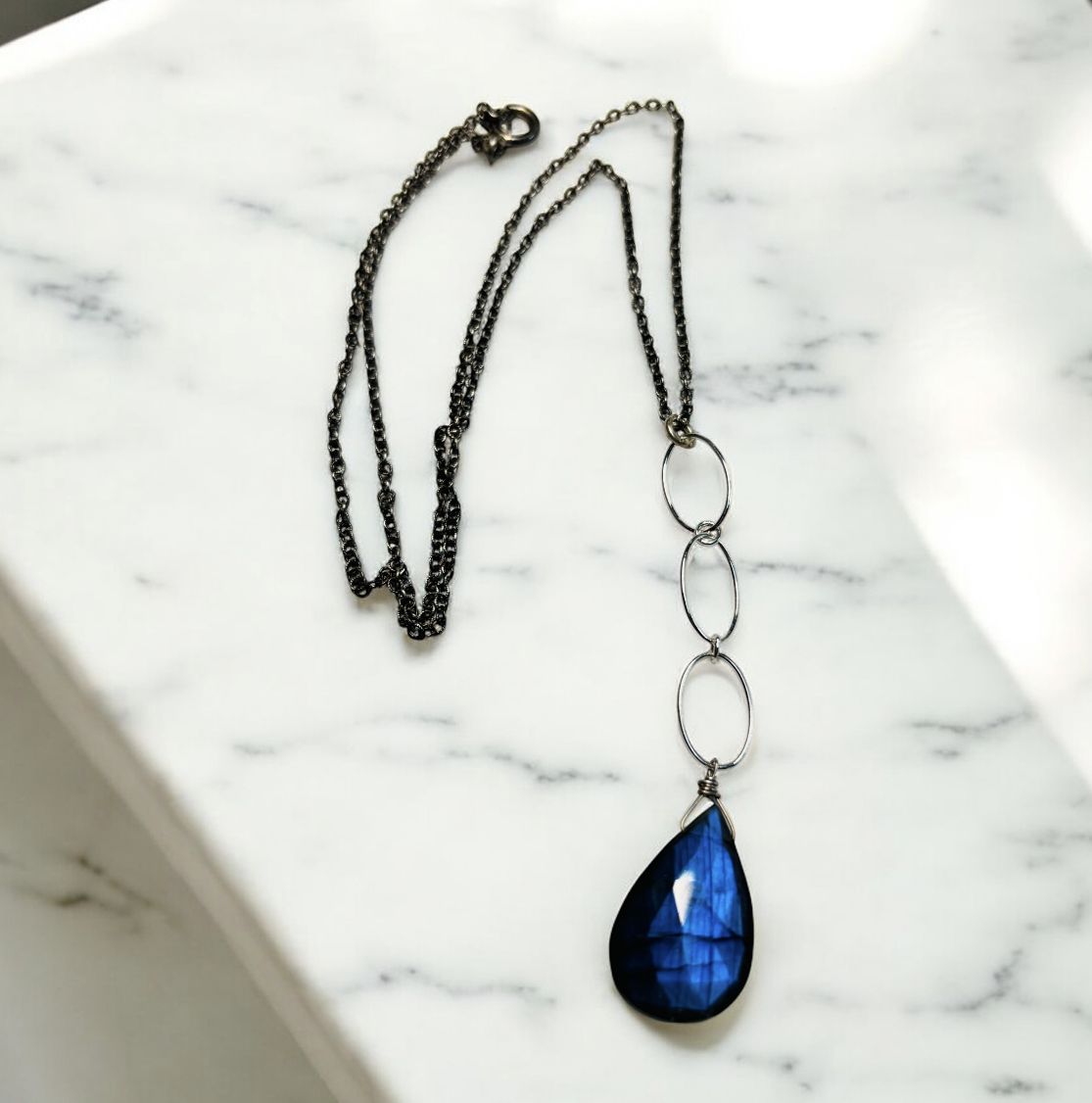 Robb Necklace Large Teardrop Labradorite Drop on Oxidized SIlver