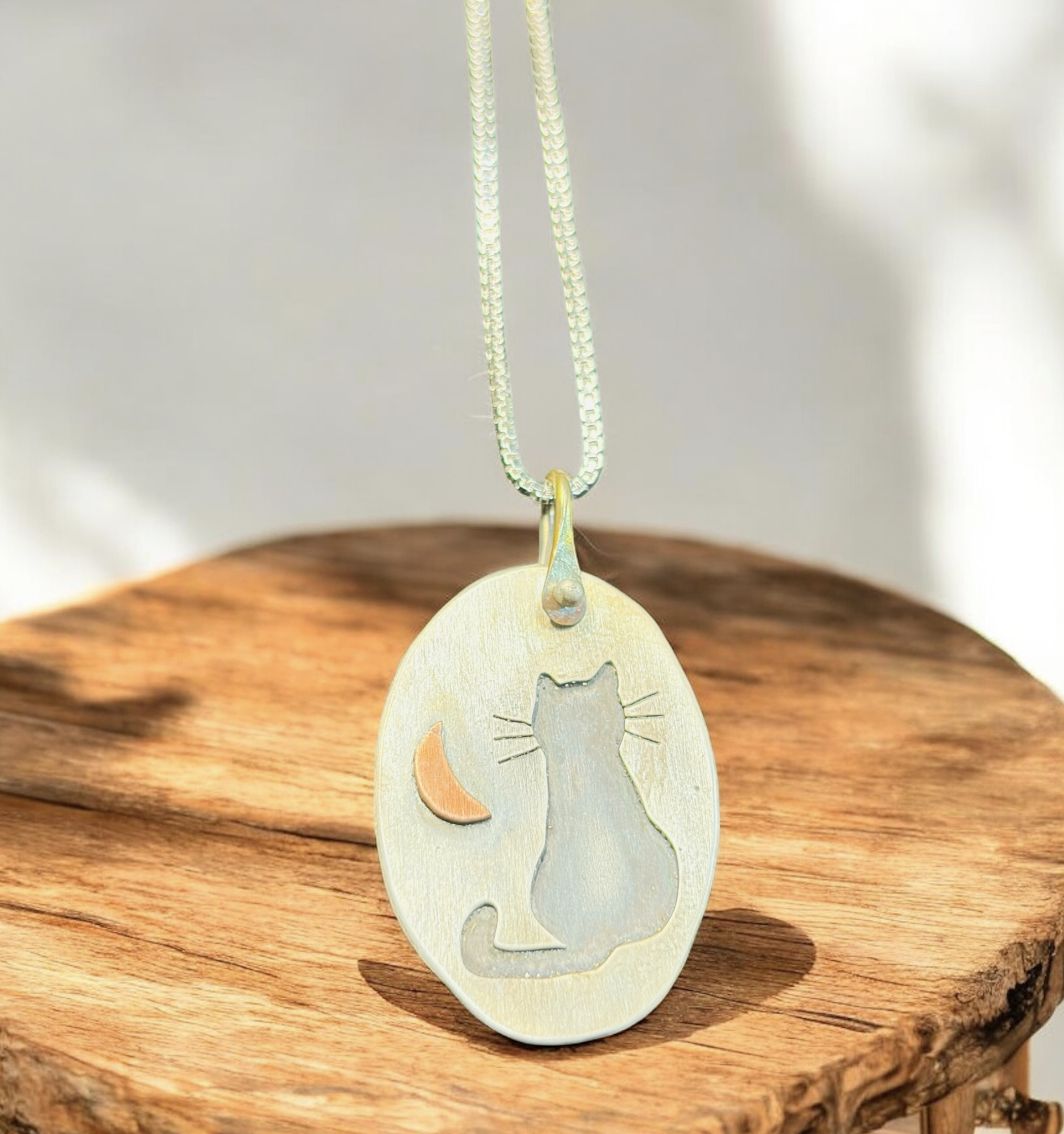 Gonzales Necklace Sterling Silver Cat and Copper Moon