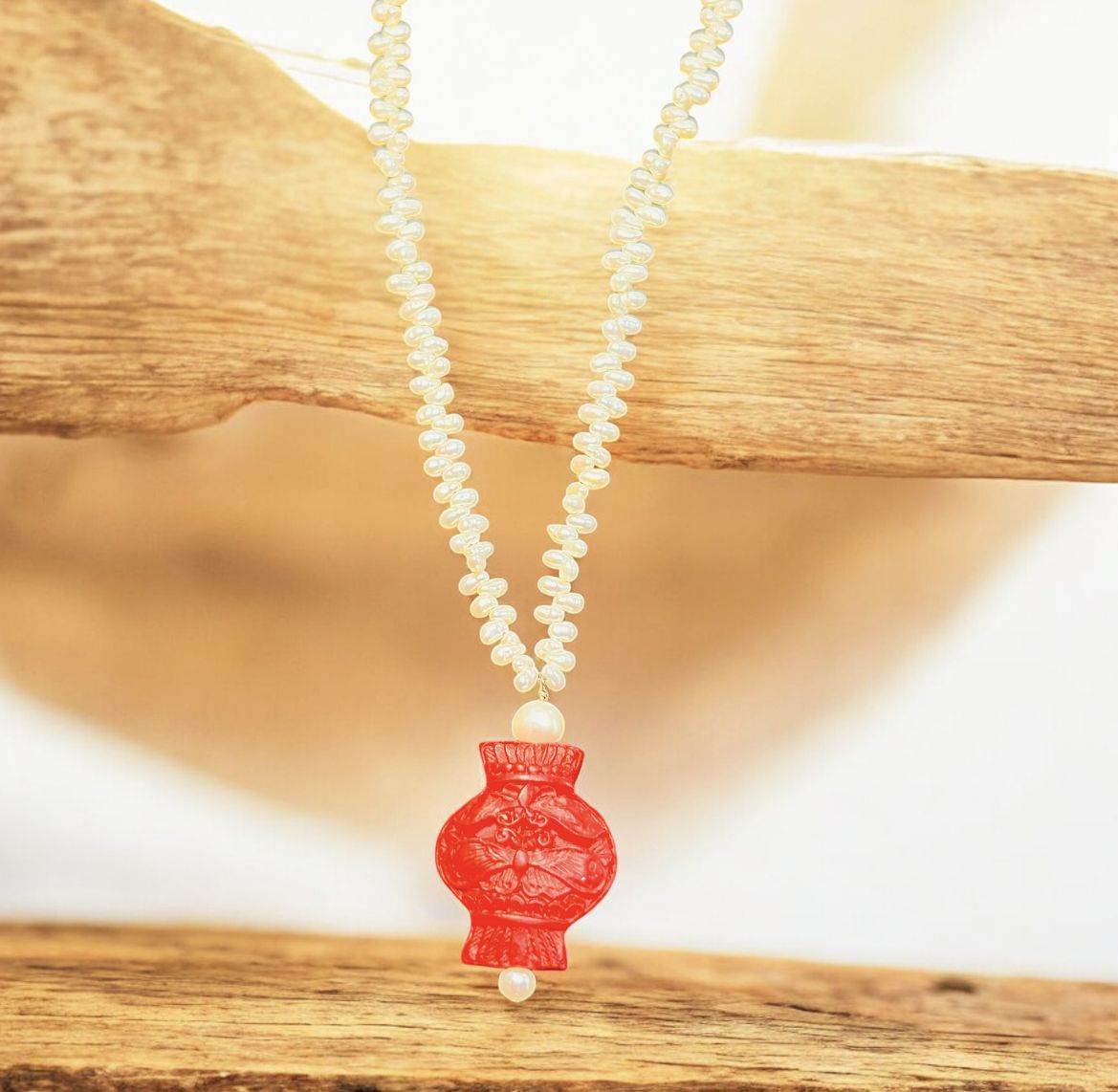 Trueworthy Necklace Small Top Drill Pearl and Vintage Chinese Cinnabar Pendant