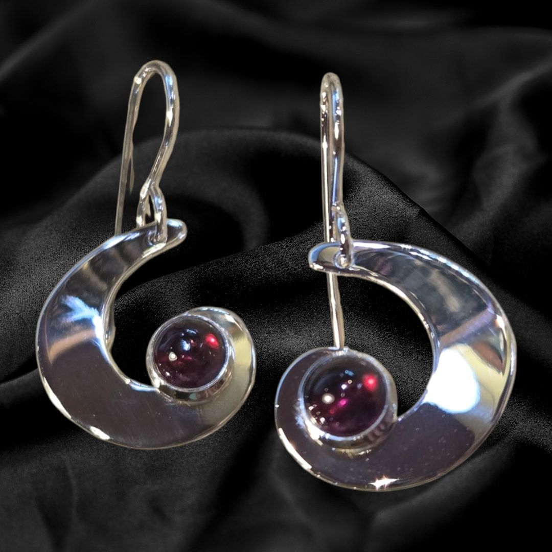 Gray Earrings Swirls with Garnet