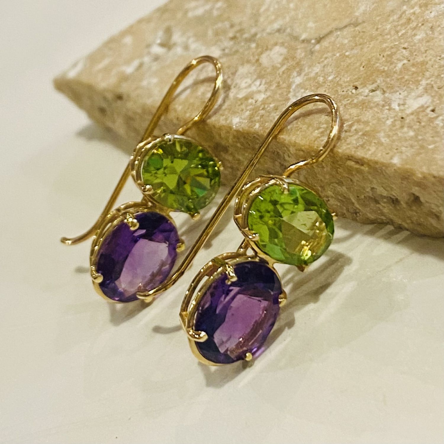 Greenhood Earrings Double Stacked Peridot and Amethyst