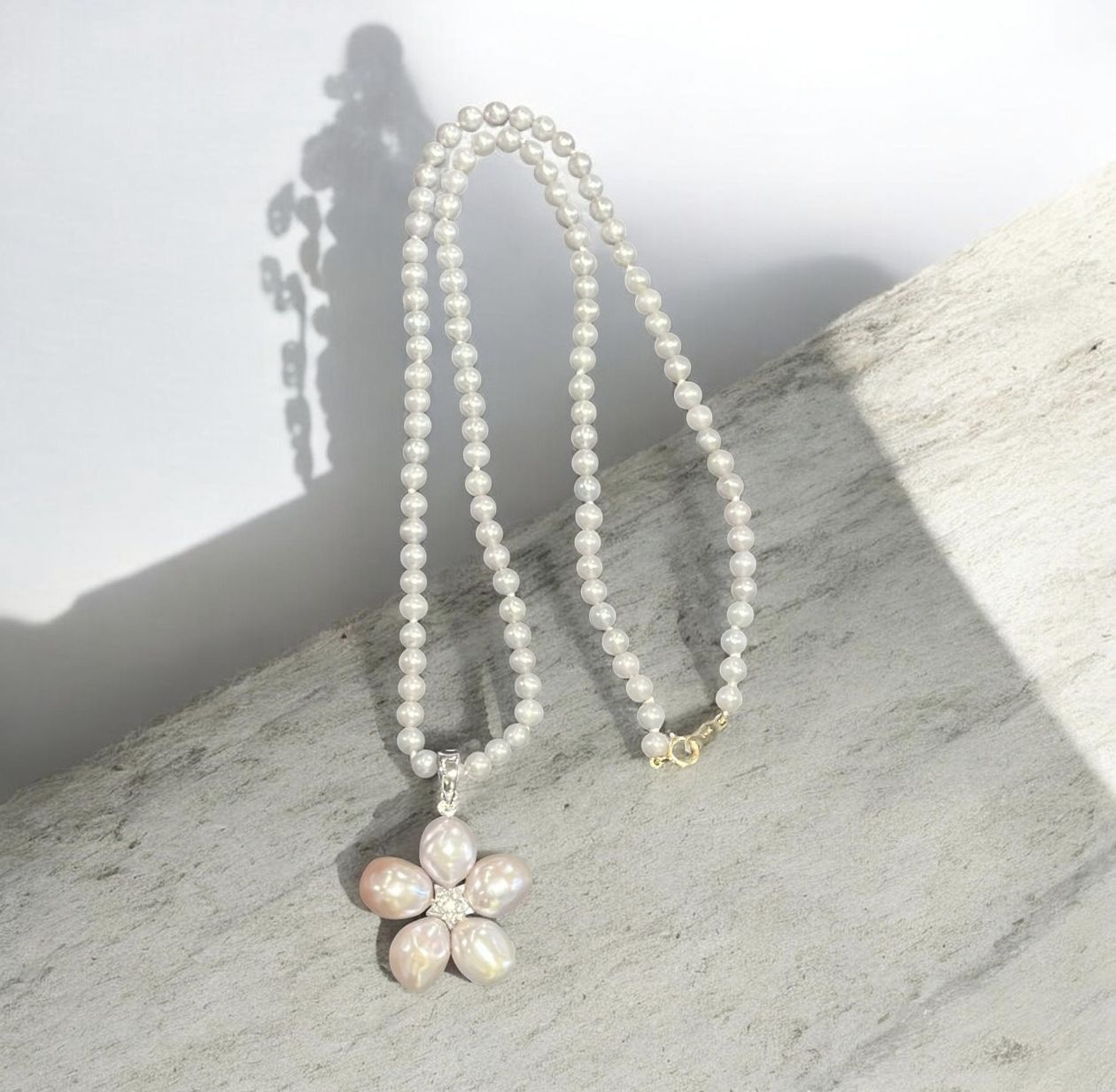 Greenhood Necklace White Freshwater Pearl and Pink Diamond and Pearl Flower