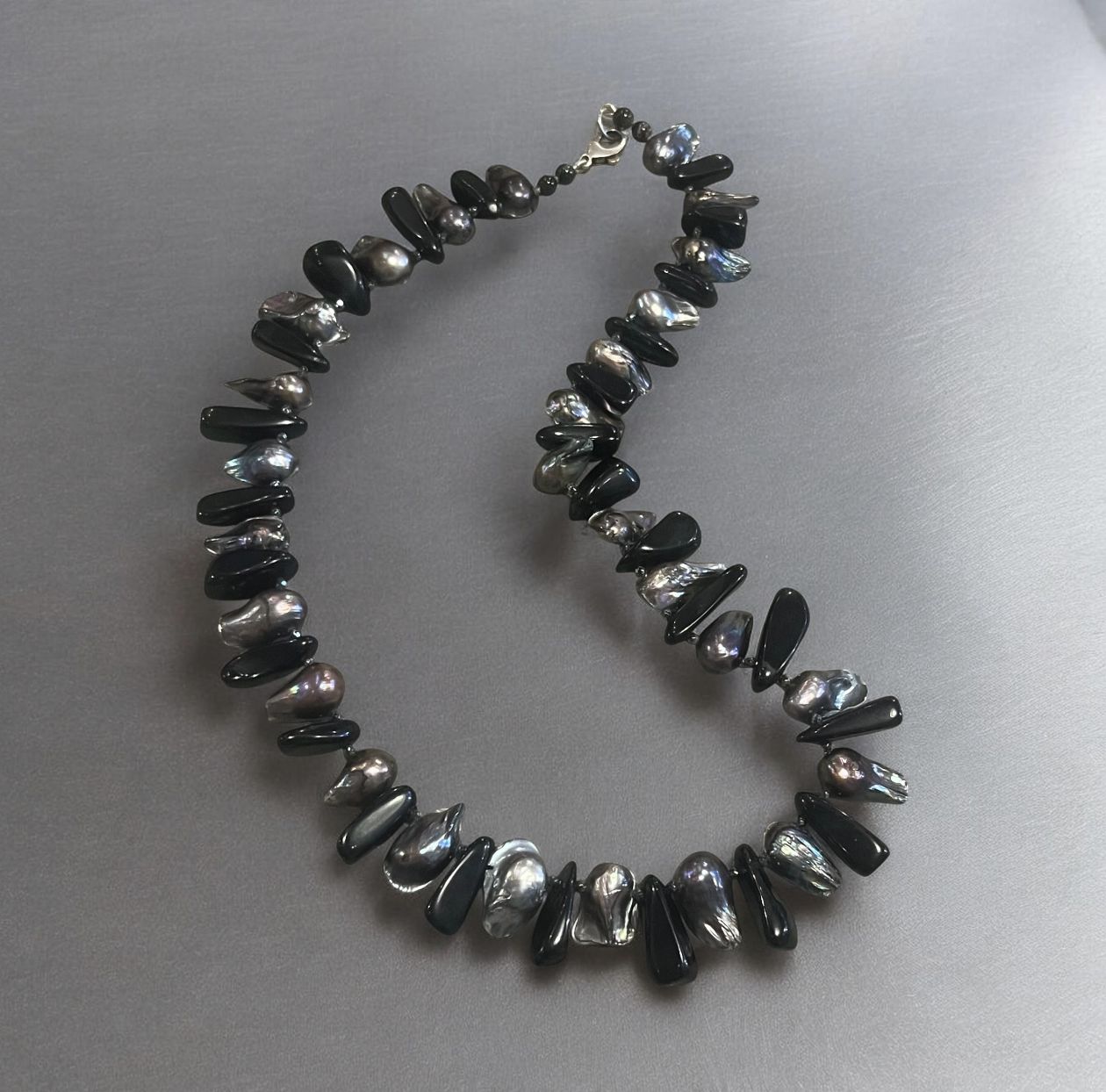 Greenhood Necklace Grey Baroque Pearls and Onyx Fingers