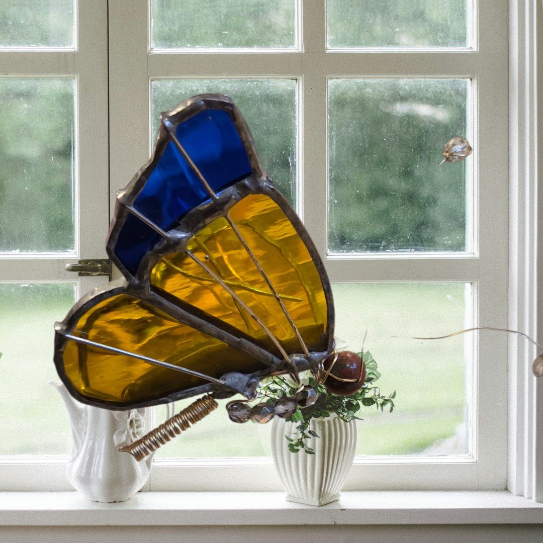 Horvath Stained Glass Butterfly Dangler, Color: Yellow and Blue 1