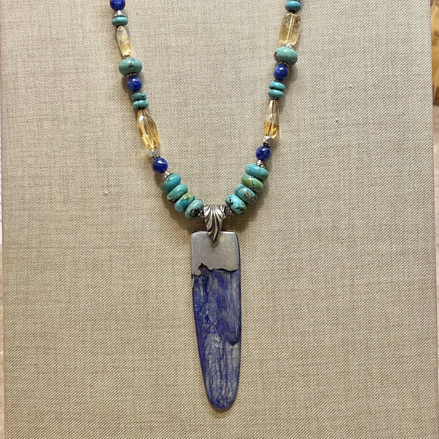 Cass Necklace Kyanite Dagger Pendant w/ Turquoise &amp; Citrine