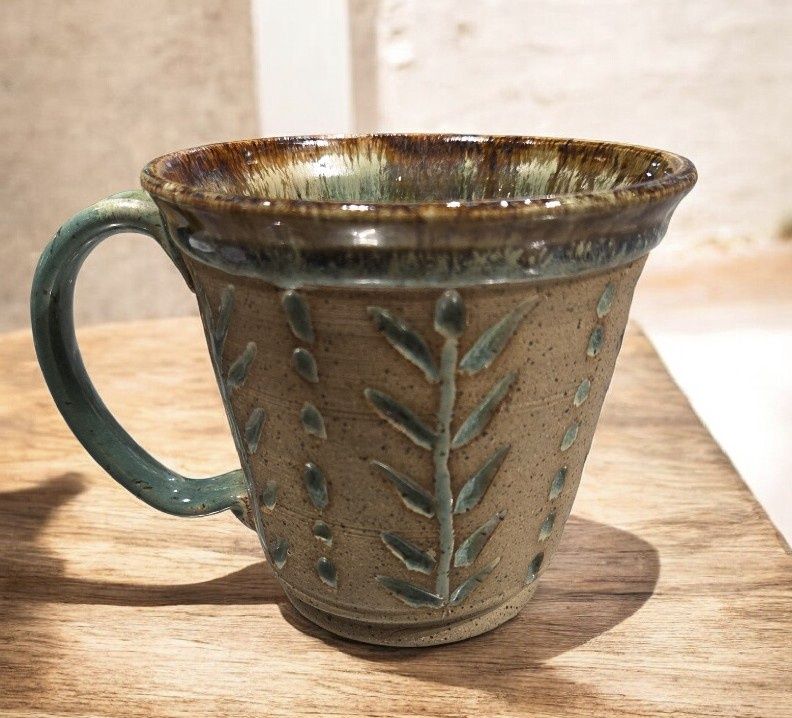 Johnson Carved Mug Green and Browns 1