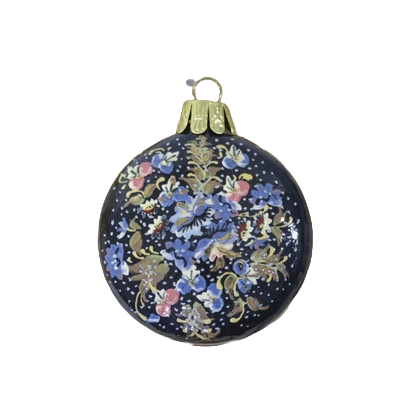 Heritage Ornament Blue &amp; Pink Floral on Brown Flat Round Ceramic