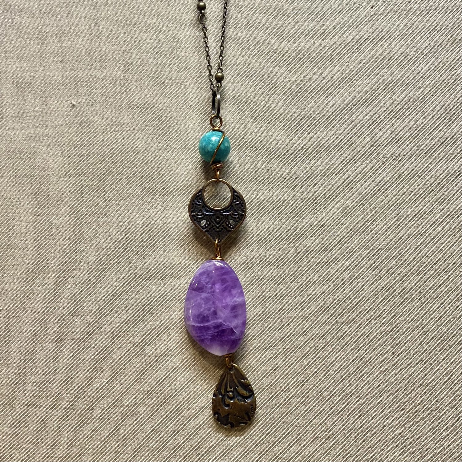 Cass Necklace Brass Drop Amethyst and Amazonite