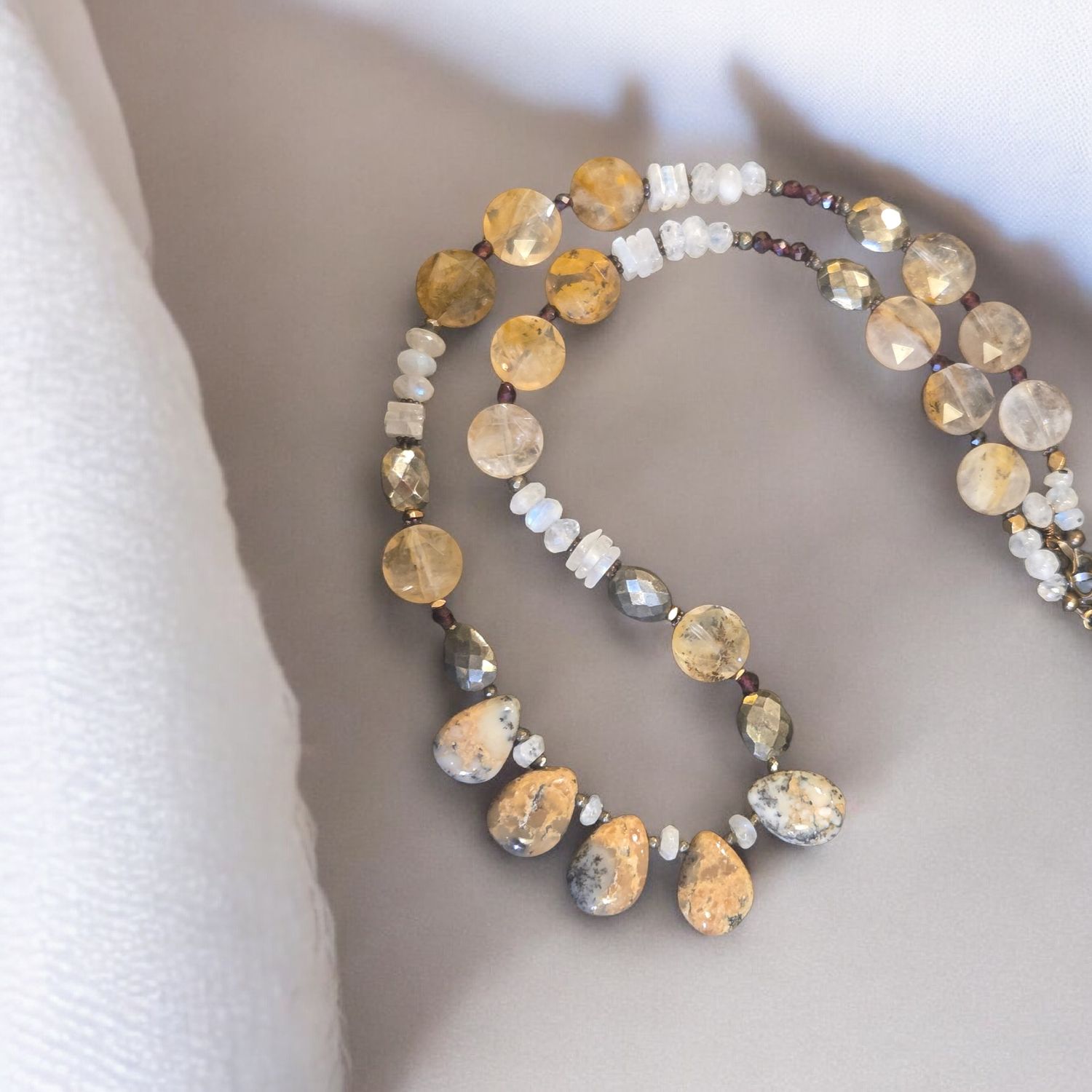 Cass Necklace Dendritic Opals, Pyrite, Moonstone, and Garnet