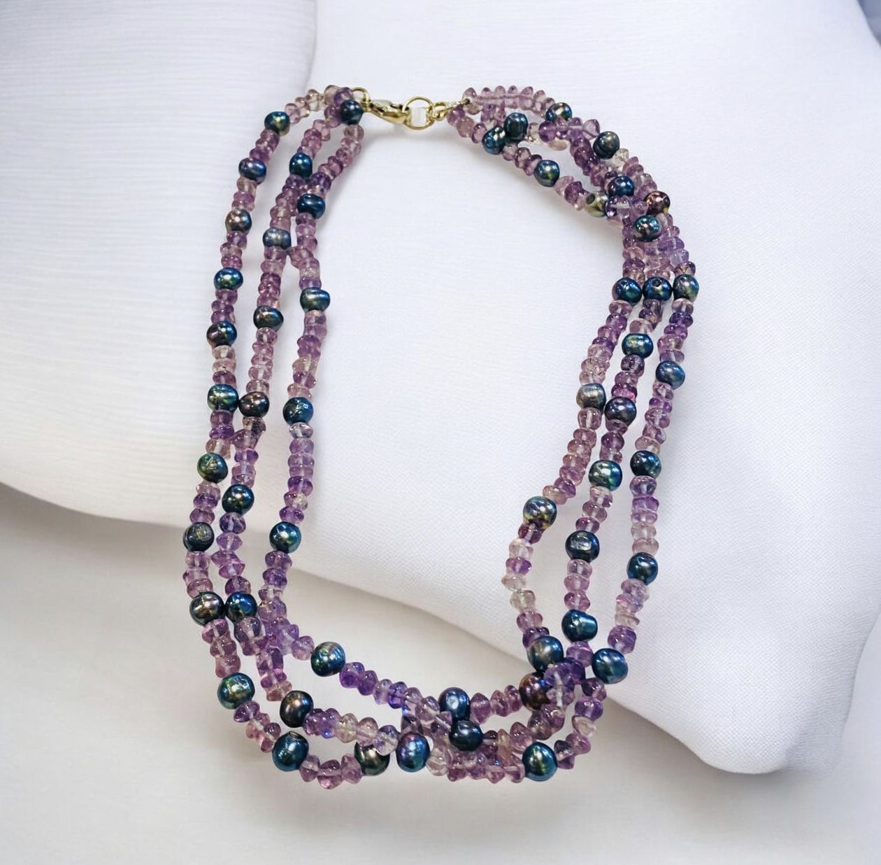 Greenhood Necklace 3 Strand Amethyst w/Gray Freshwater Pearls