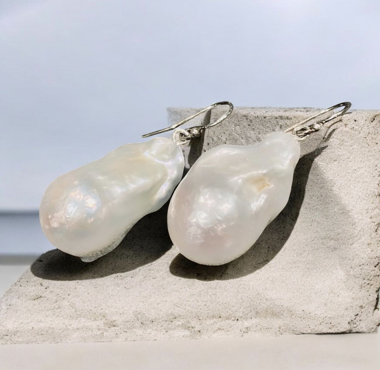 Greenhood Earrings Large White Baroque Pearl Dangles