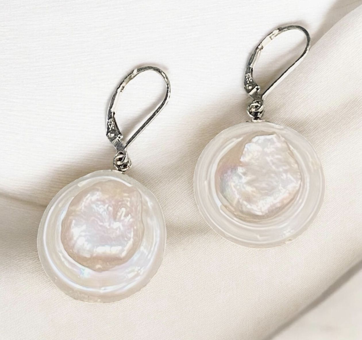 Greenhood Earrings Large White Coin Freshwater Pearl