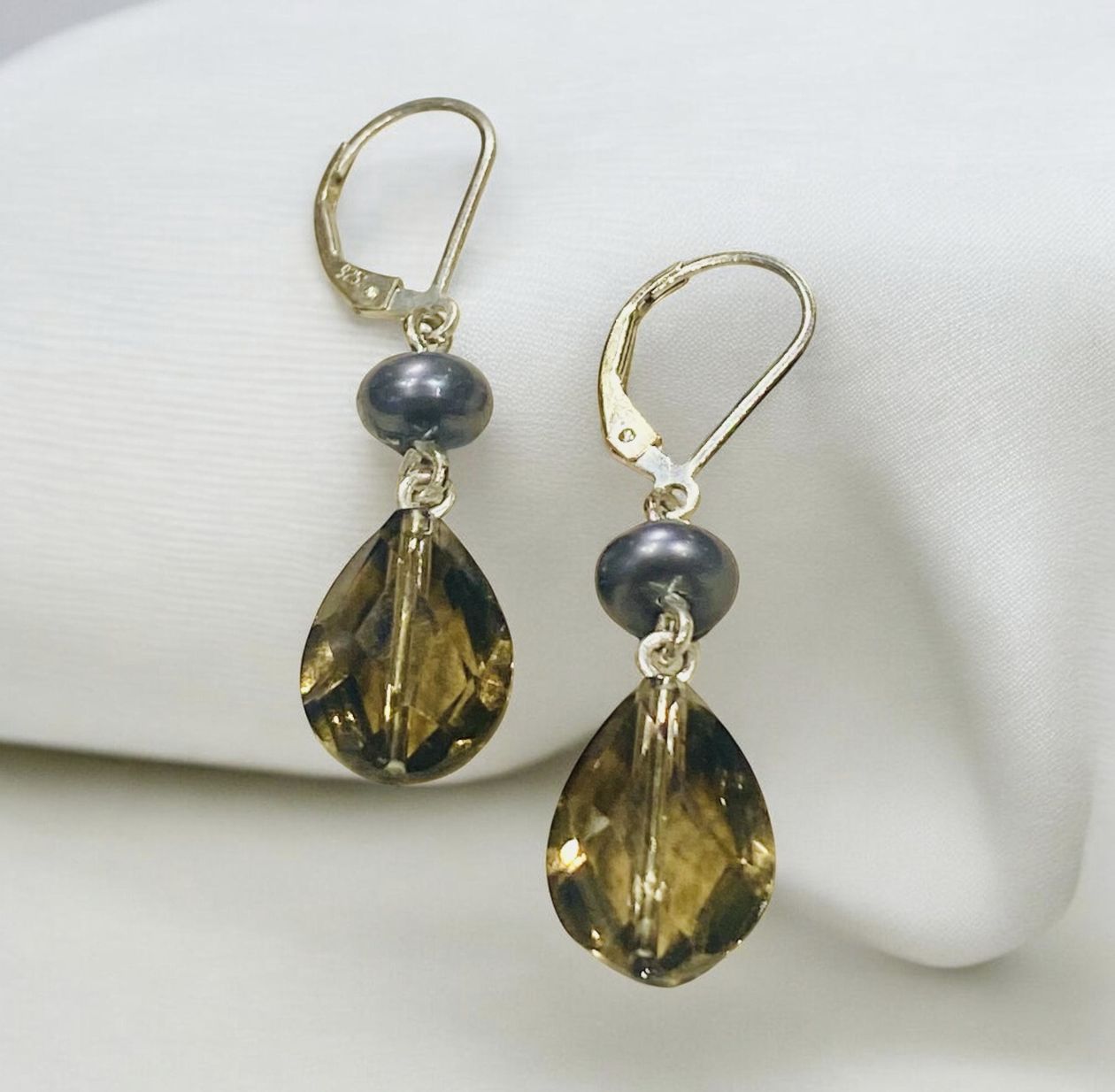 Greenhood Earrings Smoky Topaz Teardrop w/Grey Freshwater Pearl