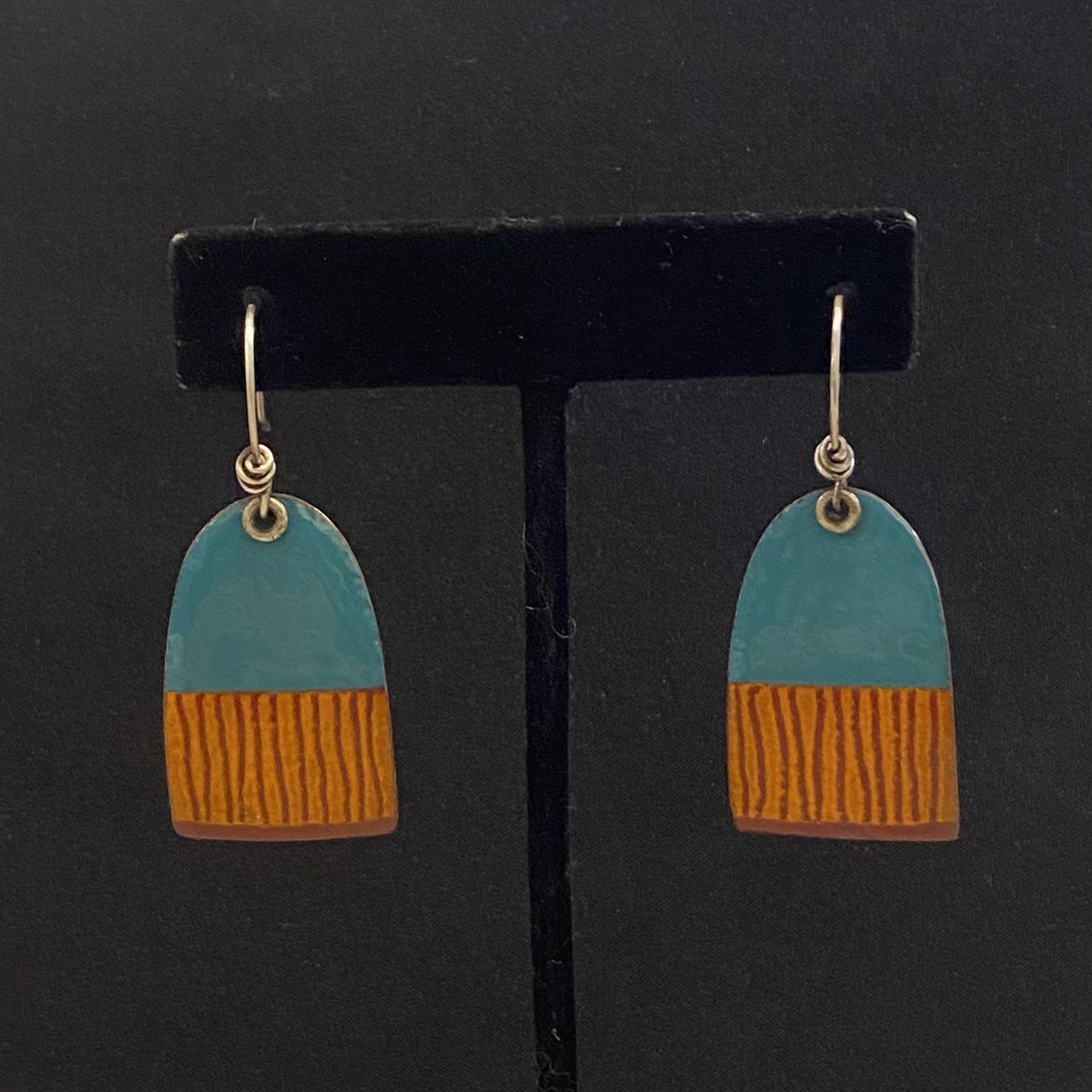 DiCesare Earring Enameled Teal Arches w/ Orange Fringe Bottoms