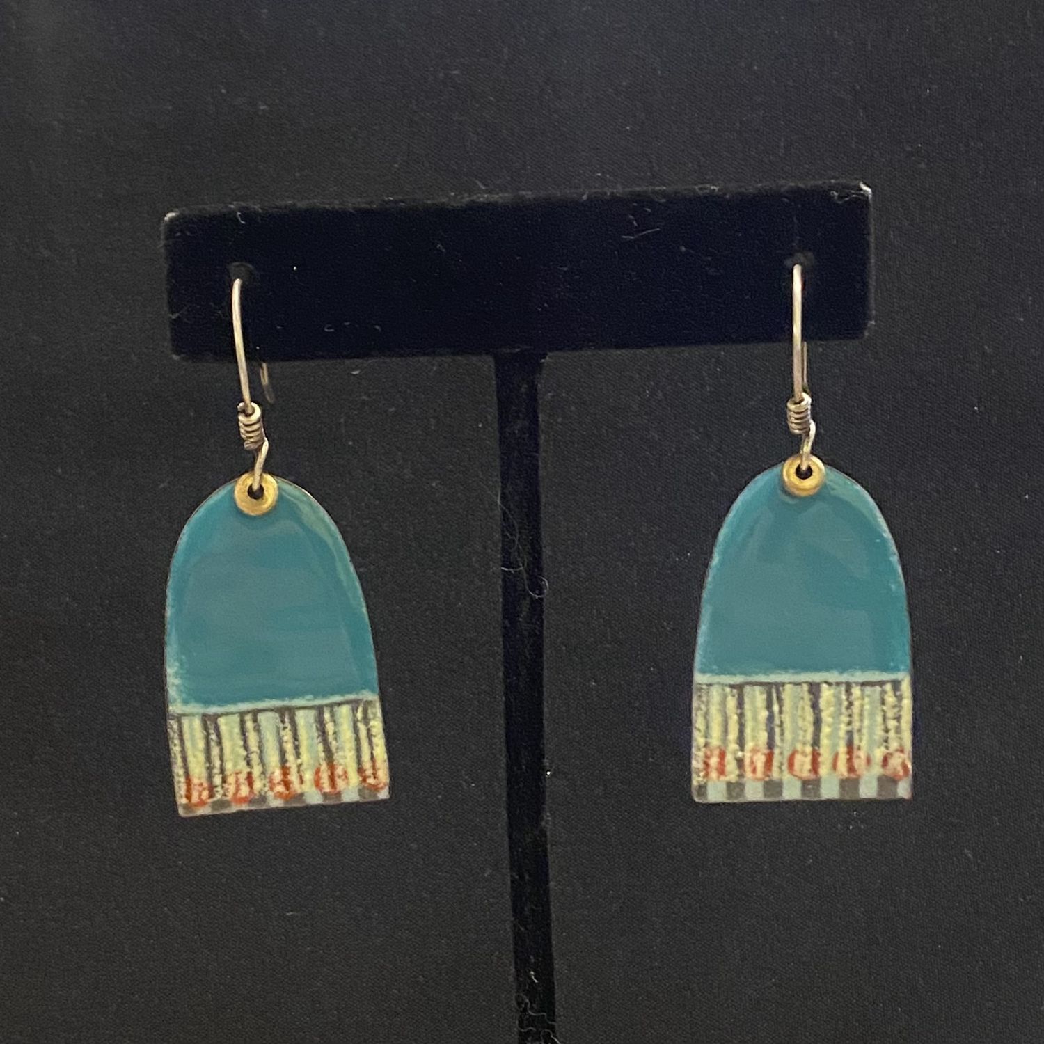DiCesare Earring Teal Enamel Arch w/ Green Fringe Bottoms &amp; Red Dots