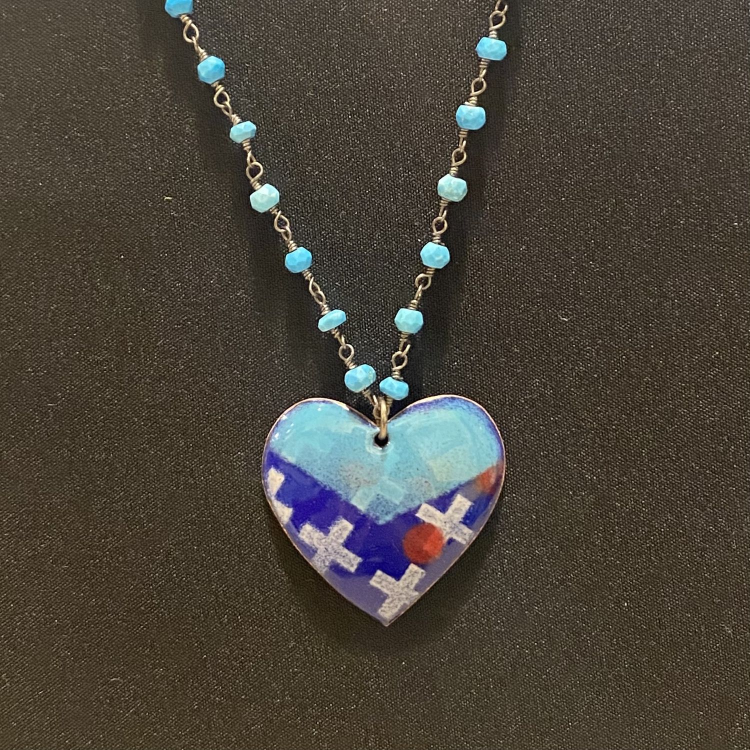 DiCesare Necklace Enameled Blue/Teal Heart w/ White Crosses &amp; Red Dots