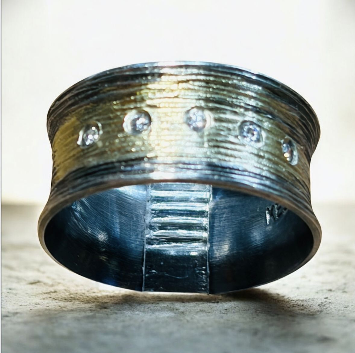 Keleher Ring Black and Gold 3/8" Cigar Band White Diamonds