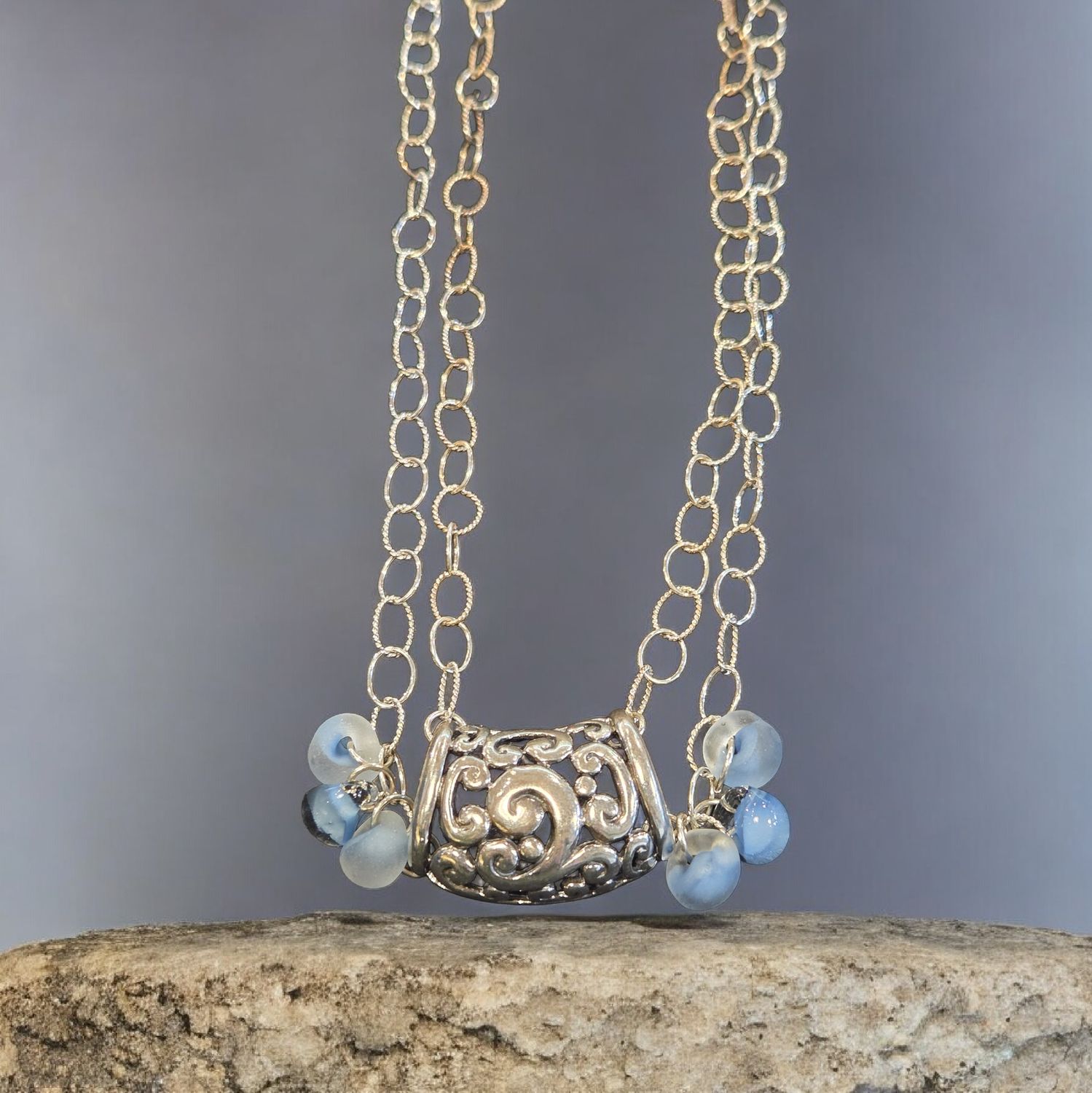 Whitney Necklace Double Chain with Blue Unicorn Beads and Silver Scroll Pendant