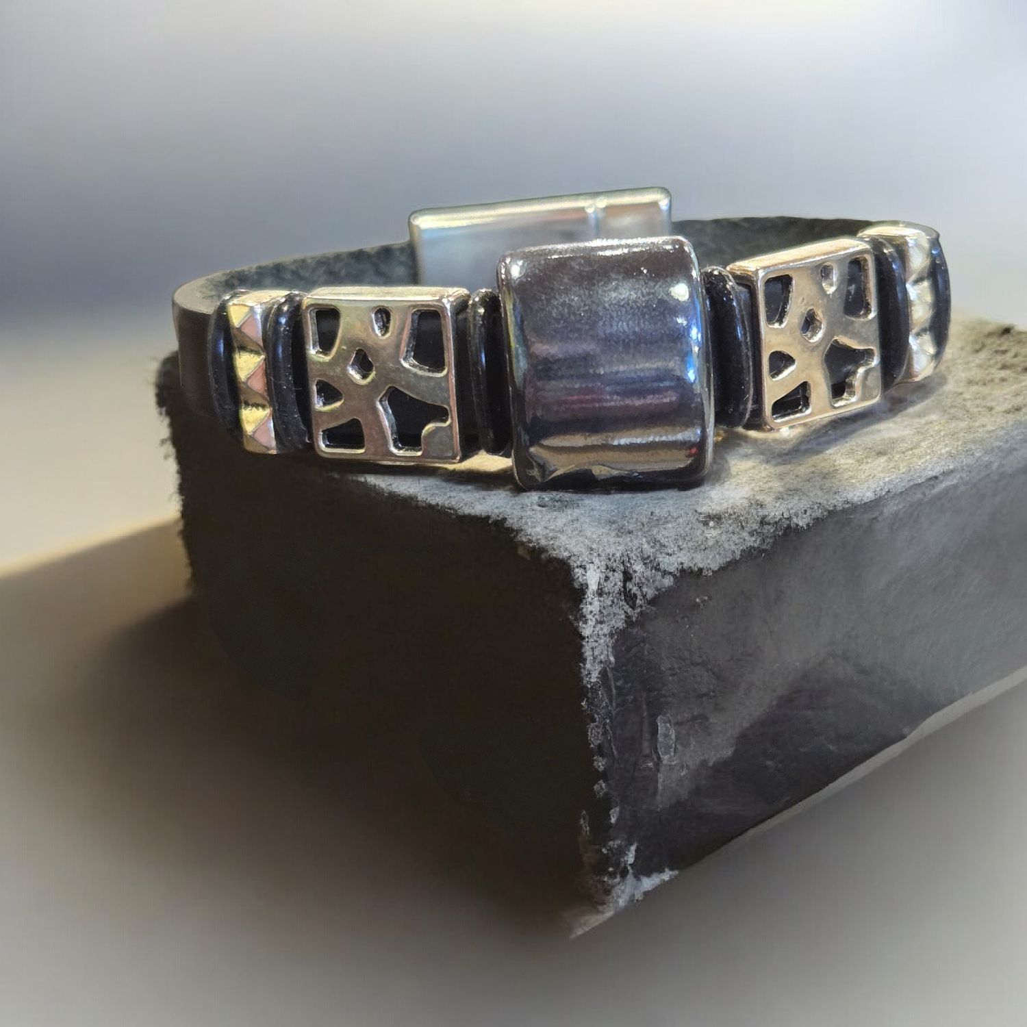 Whitney Bracelet Black Leather with Black and Silver Brads