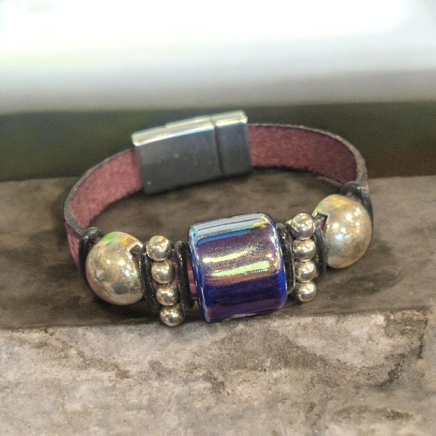 Whitney Bracelet Textured Purple Leather w/ Blue Chrome Bead