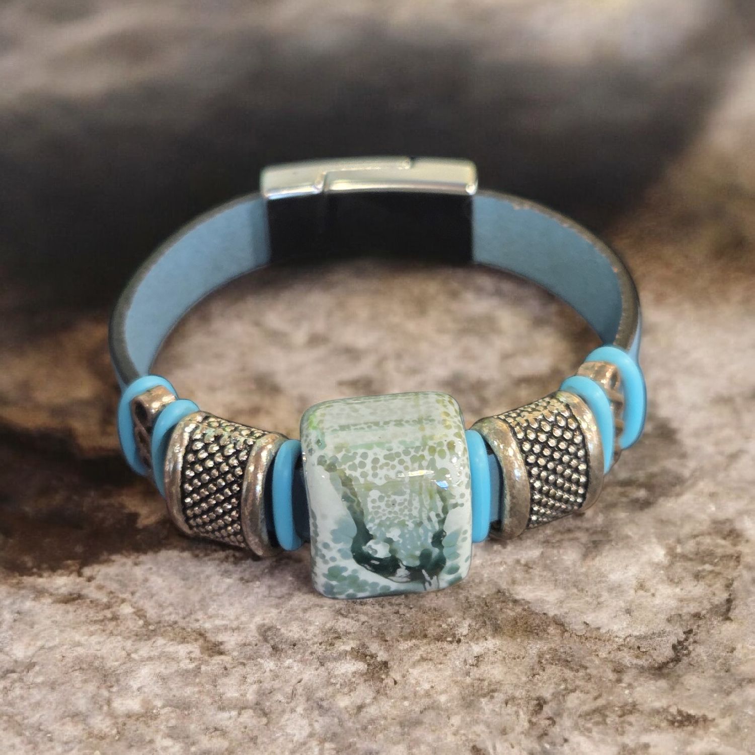 Whitney Bracelet Turquoise Leather w/ Marbled Green Bead