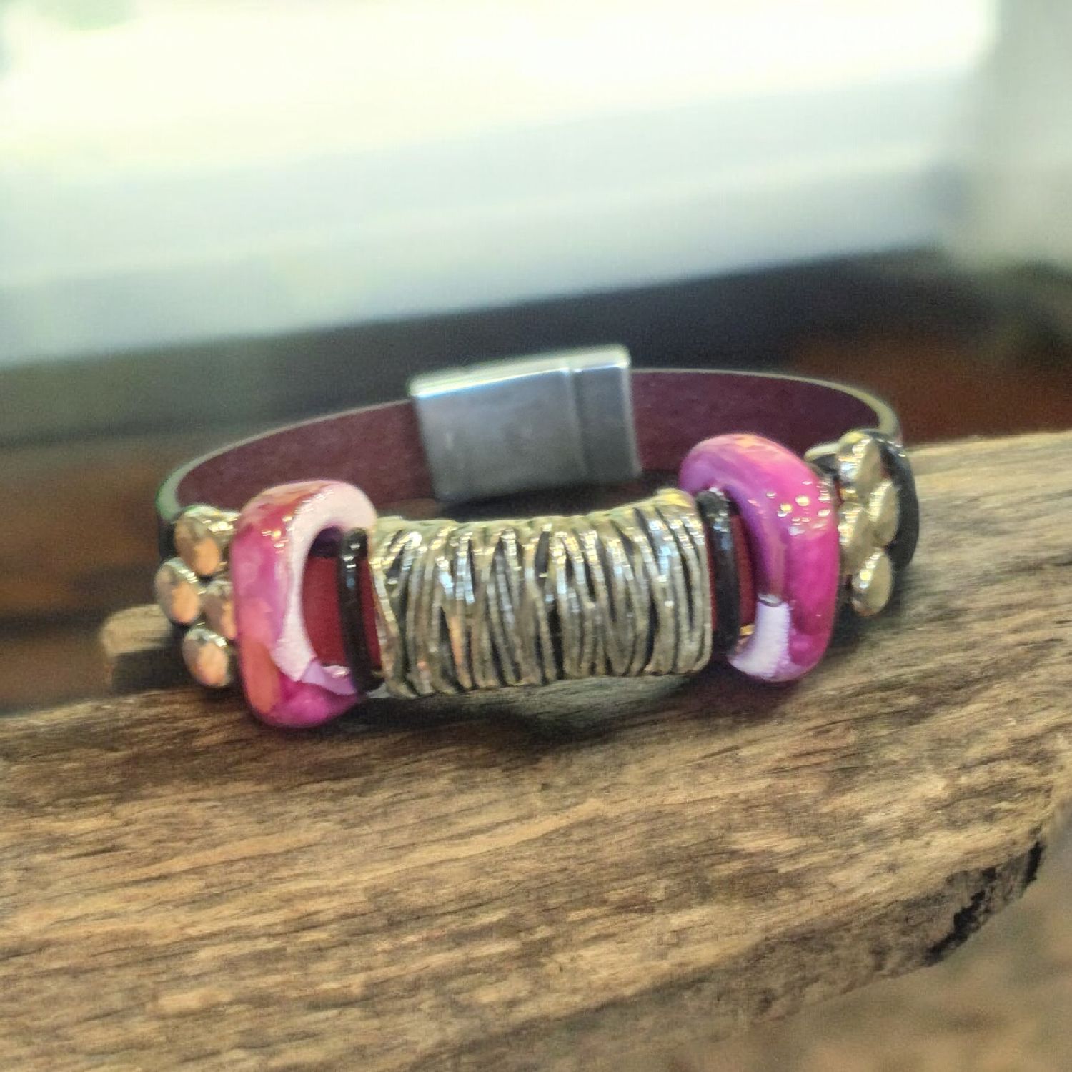 Whitney Bracelet Maroon Leather w/ Textured Silver Center