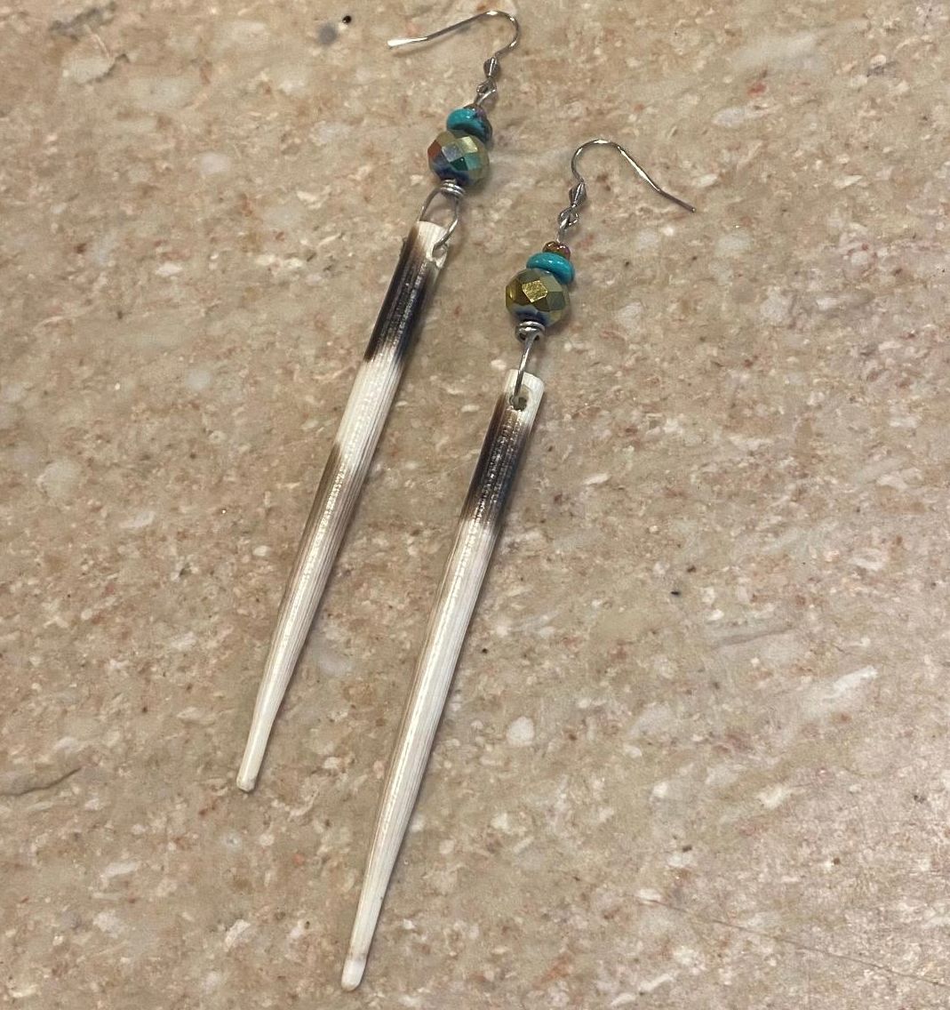 Ormsby Earrings African Porcupine Quills w/ Iridescent Crystals &amp; Turquoise