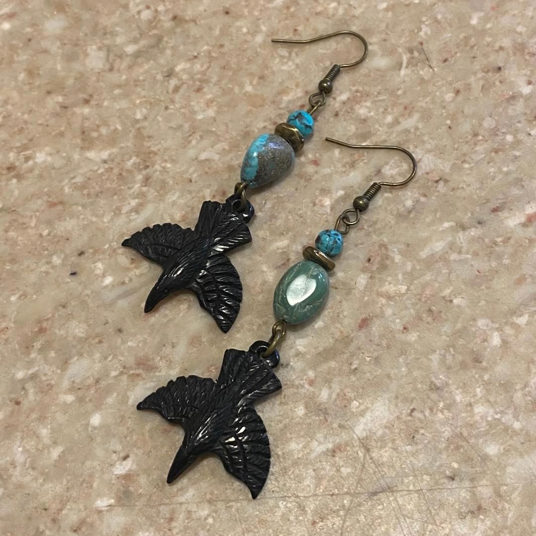 Ormsby Earrings Carved Buffalo Horn Ravens w/ Turquoise