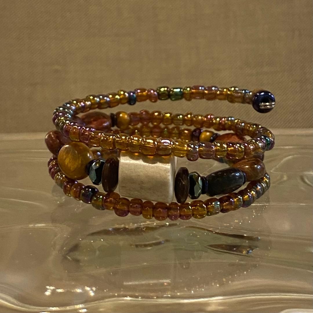 Ormsby Wrap Bracelet Orange Iridescent Seed Beads w/ Rustic Jasper and Bone