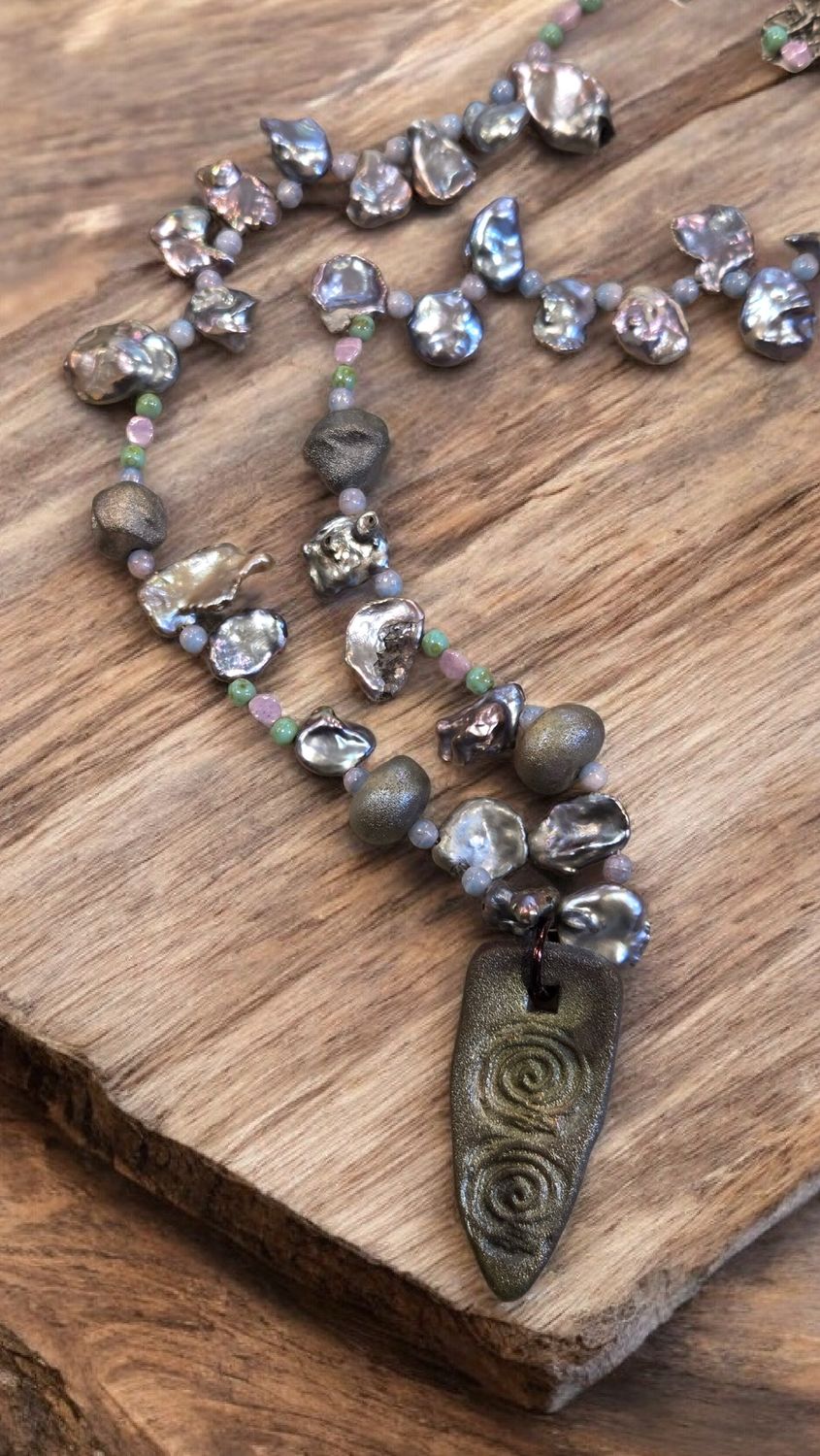 Nadeau Necklace Raku, Freshwater Pearl, Czech Glass