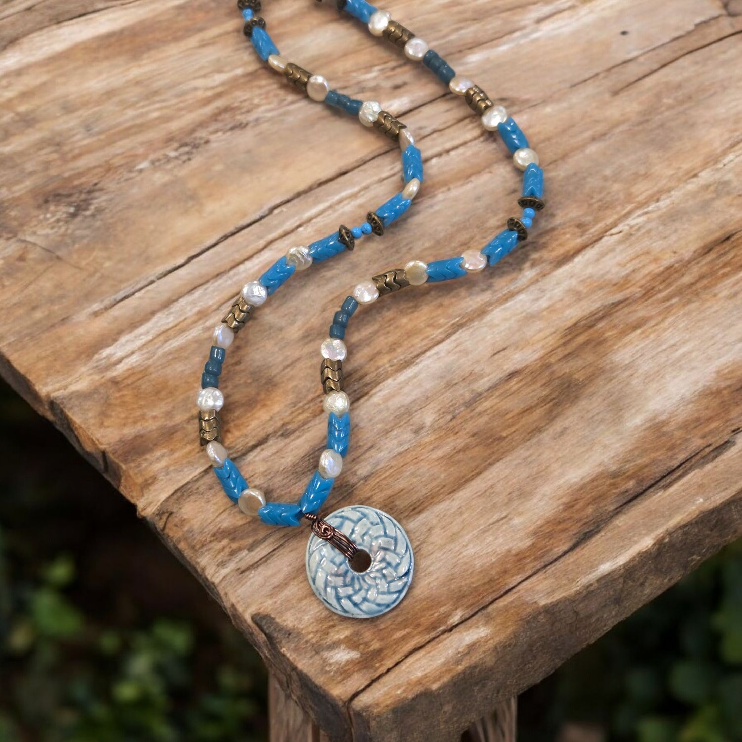 Nadeau Necklace Blue Artisan Ceramic, Czech Glass, FWP