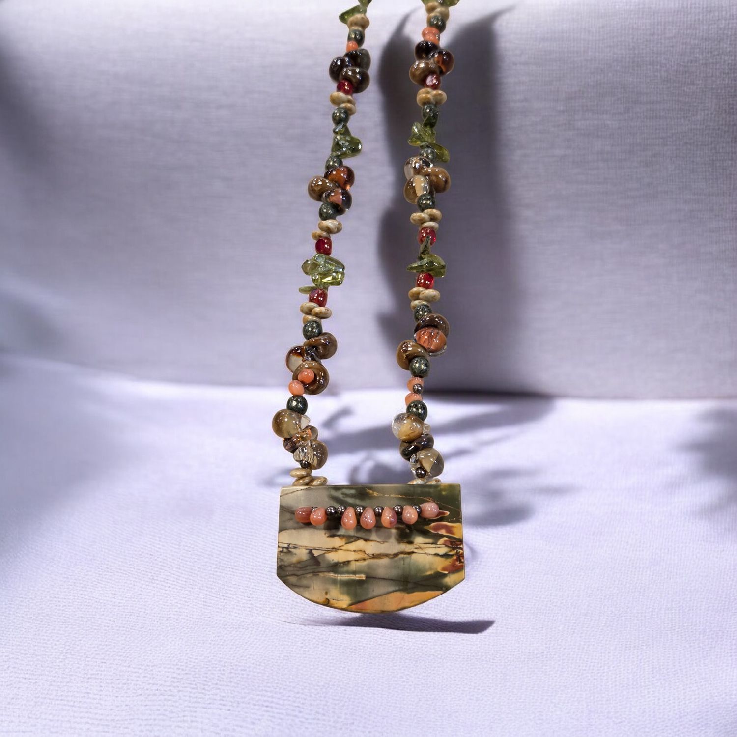 Nadeau Necklace Jasper Pendant, Peridot &amp; Unicorn Glass