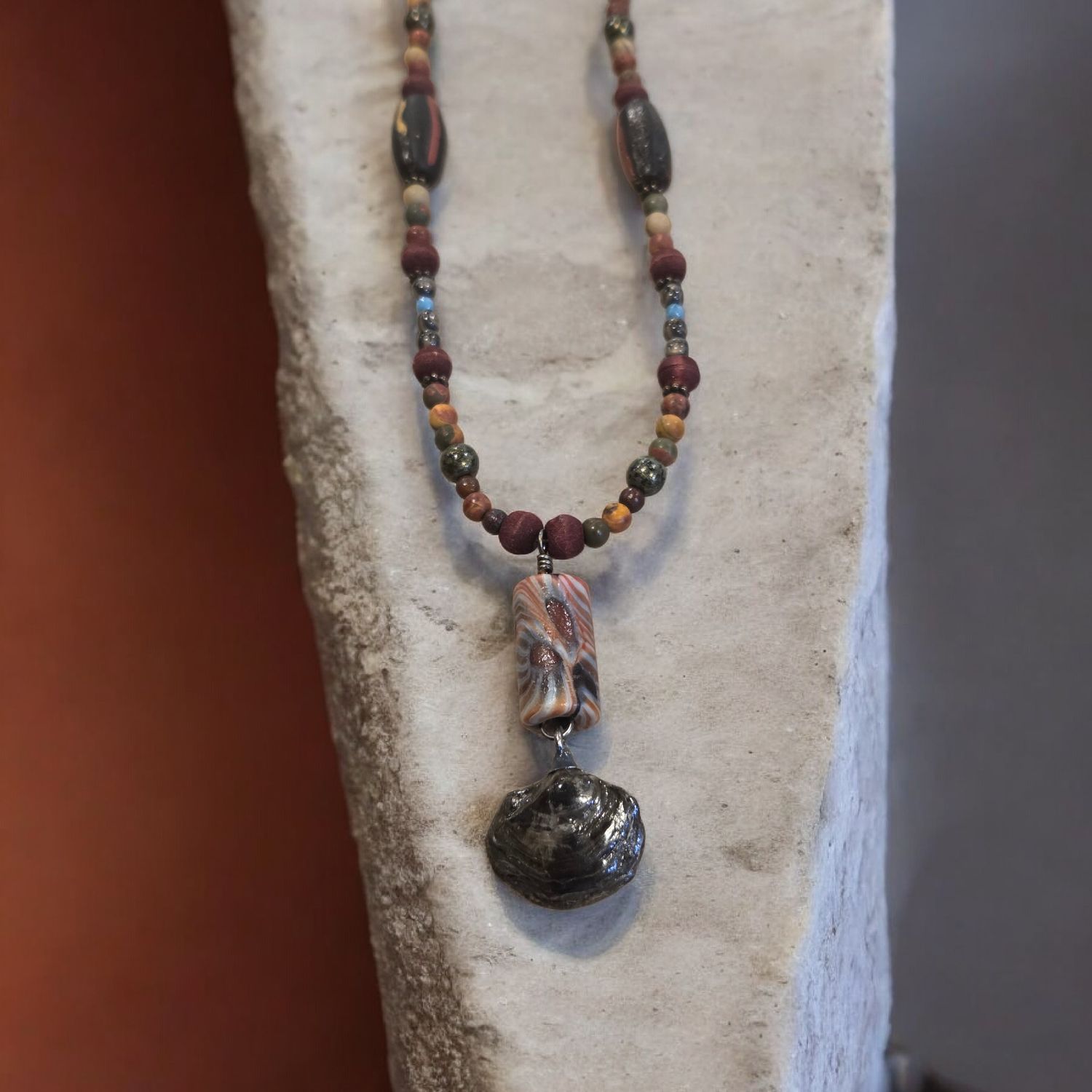 Nadeau Necklace Ontario Lake Fossil w/ Jasper &amp; Wood Beads