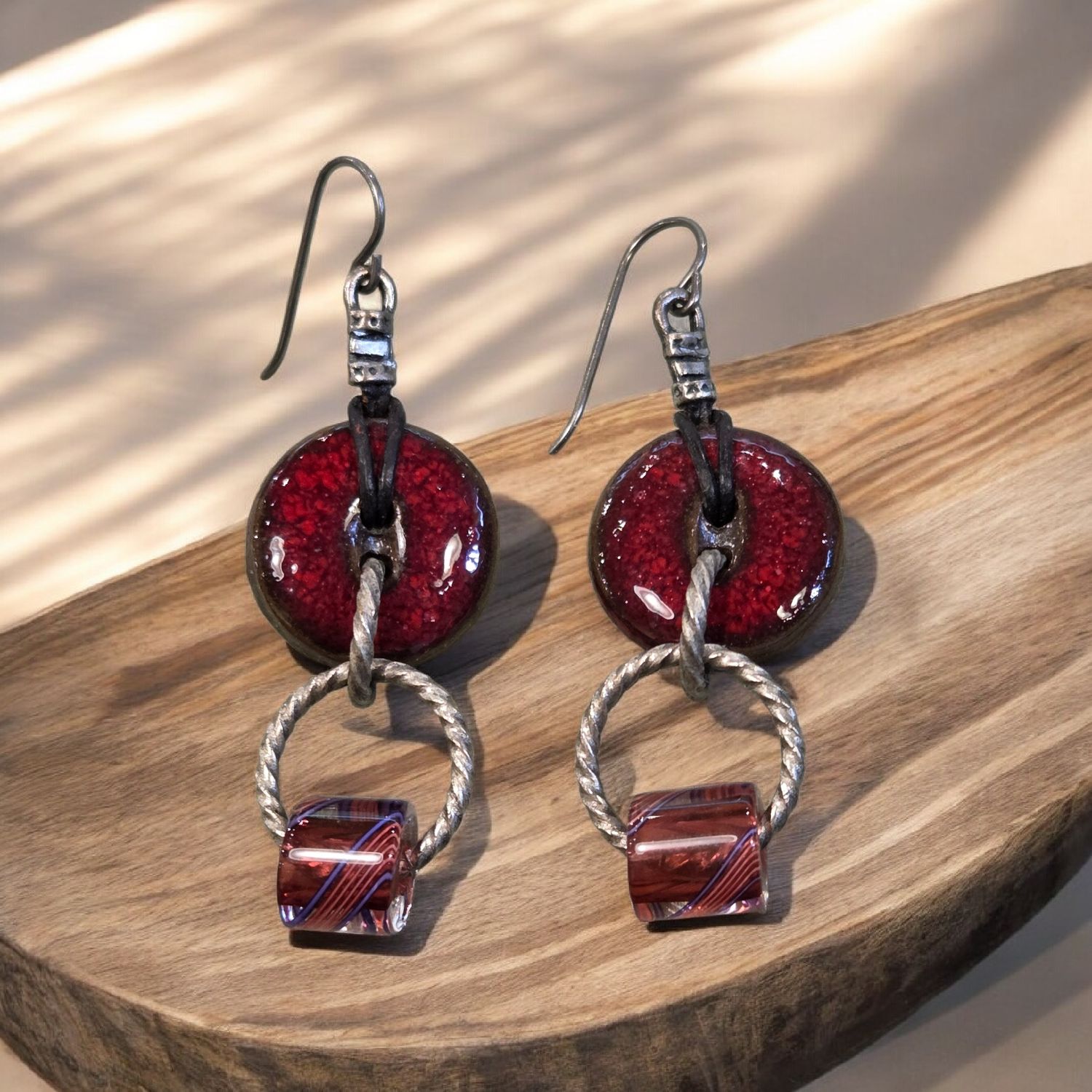 Nadeau Earring Red &amp; Pink Glass w/ Pewter Twisted Hoops