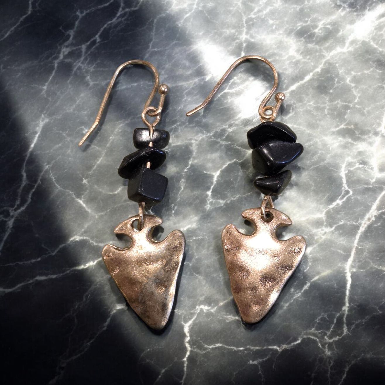 Nadeau Earring Brass Arrow Head w/ Black Stones