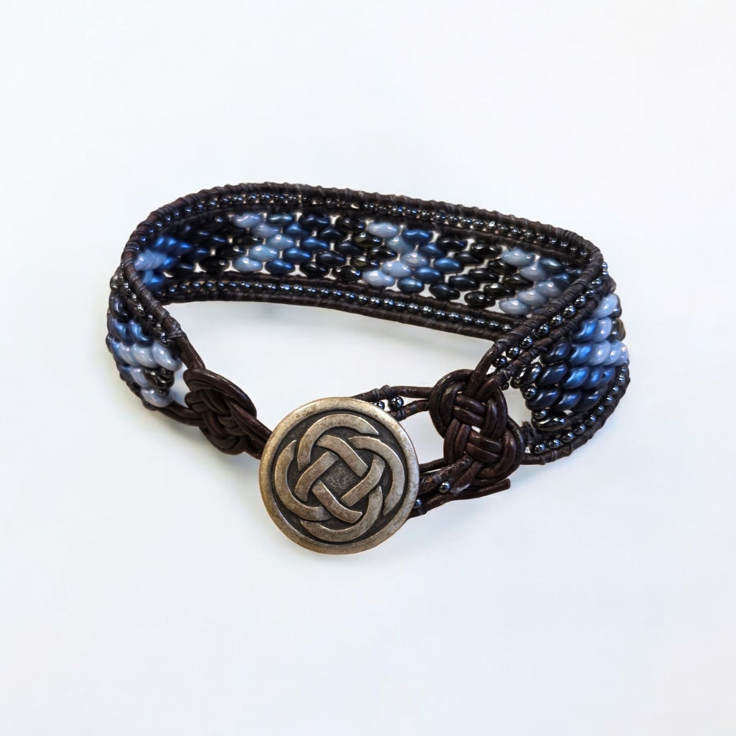 Nadeau Bracelet Woven Leather Light/Dark Blue and Black Beads