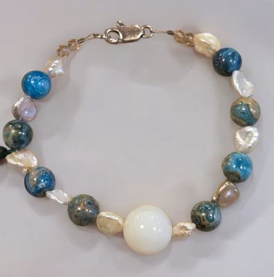 Nadeau Bracelet Agate Center Stone w/ Pearls &amp; Chrysocolla
