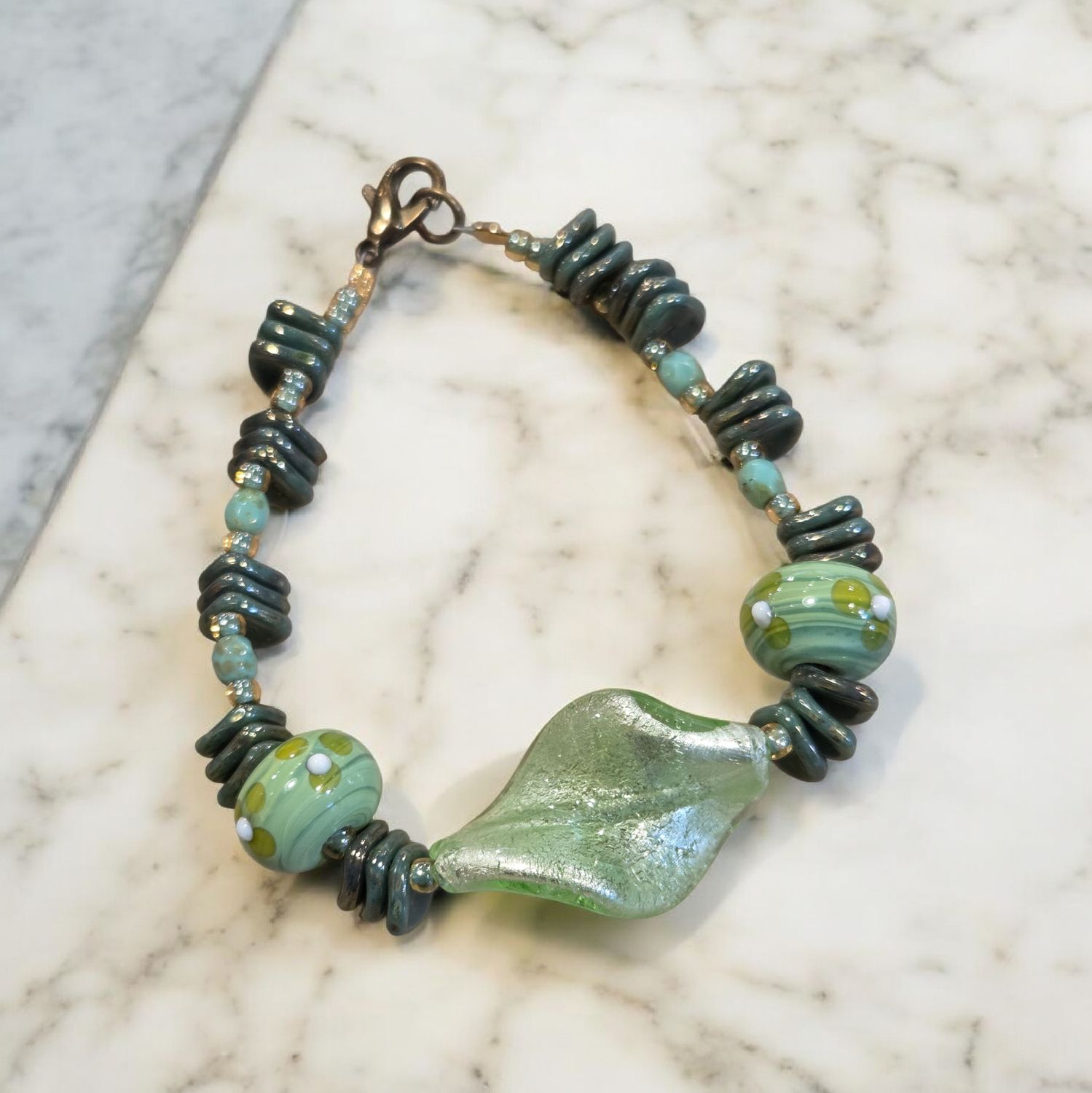 Nadeau Bracelet Shimmery Green Lampwork with Czech Glass