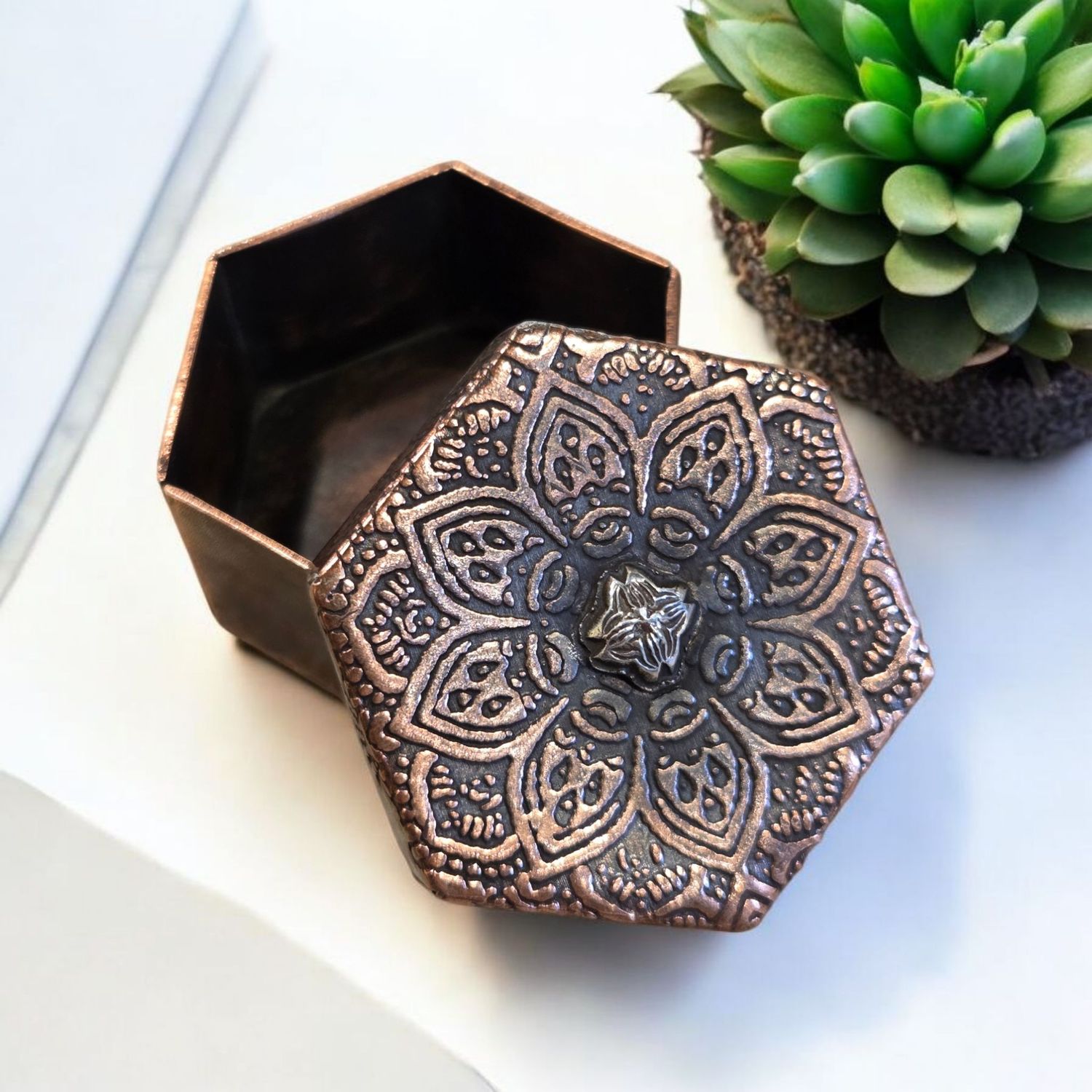 O'Brien Copper Box Hexagon with Mandala Stamped Lid and Sterling Silver Flower