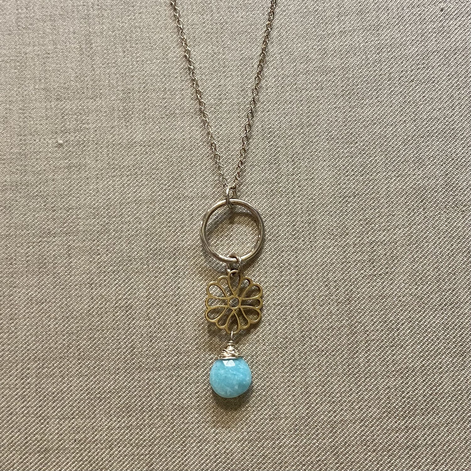 Cass Necklace Sterling Silver Hoop &amp; Bronze Flower, Amazonite