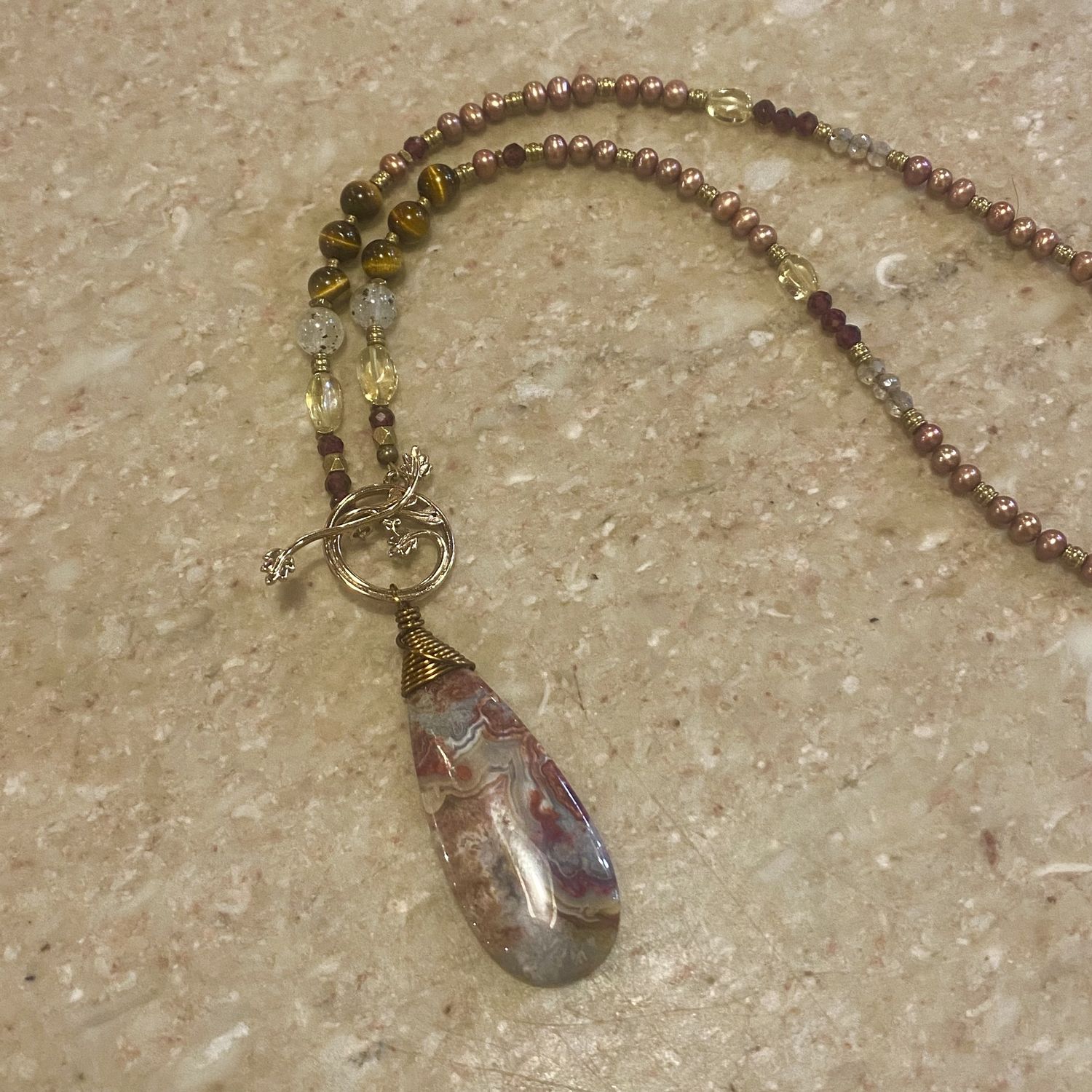 Cass Necklace Front Toggle Long Beaded Crazy Lace Agate, Garnet, Pearl, Tigers Eye &amp; Quartz